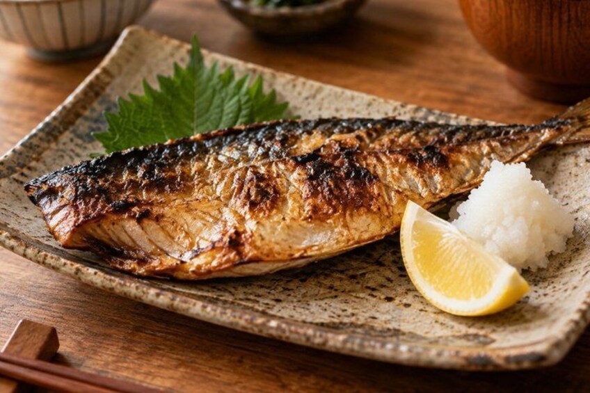A grilled fish on a ceramic plate with a slice of lemon and a leaf garnish. 3