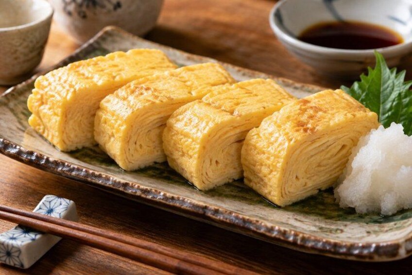 A plate of tamagoyaki with a side of white rice and a small bowl of soy sauce. 5
