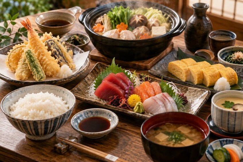 A traditional Japanese meal with various dishes, including sushi, tempura, and a hot pot. 4