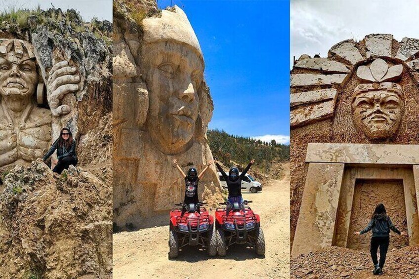 A person sitting on a rocky outcrop, a large carved rock face, a red ATV, and a carved stone structure. 5