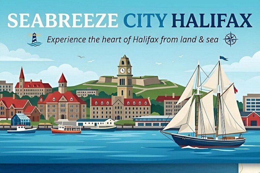 A sailboat on Halifax Harbour, with historic buildings and a lighthouse in the background. 2