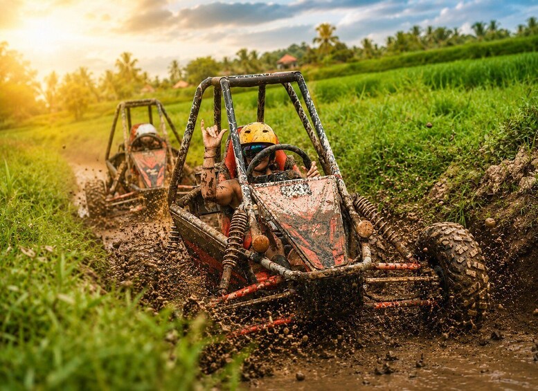 Off-road vehicles navigating a muddy terrain with a rural landscape in the background. 1