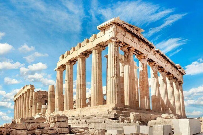 The Parthenon in Athens, featuring its classical columns and ancient ruins. 2