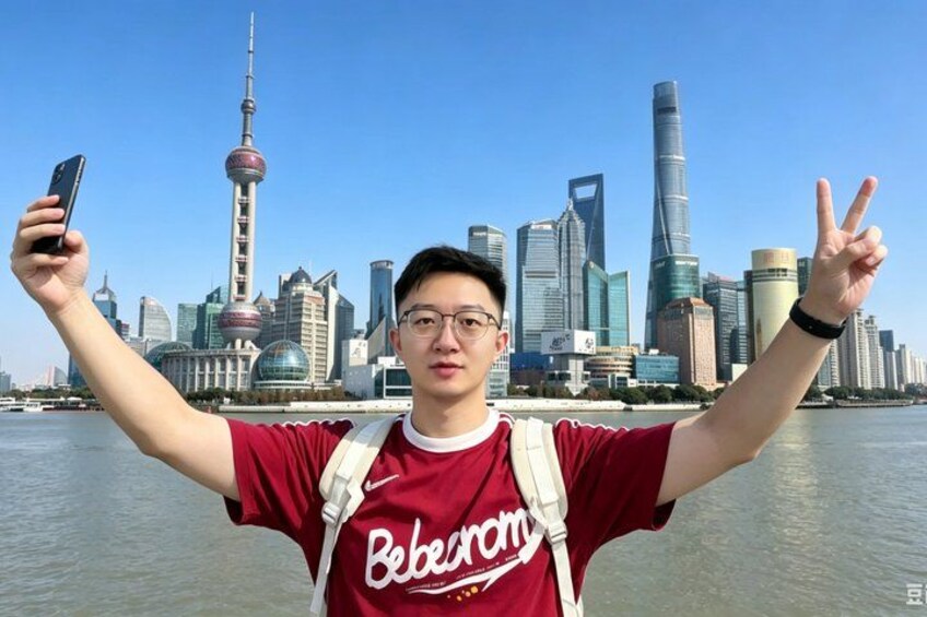 A person taking a selfie with a city skyline in the background. 4