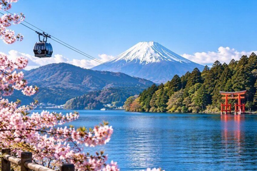 A cable car, a snow-capped mountain, a body of water, and cherry blossoms. 4