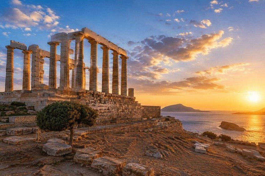 Ancient ruins with columns, a clear sky, and the sun setting over the sea. 3