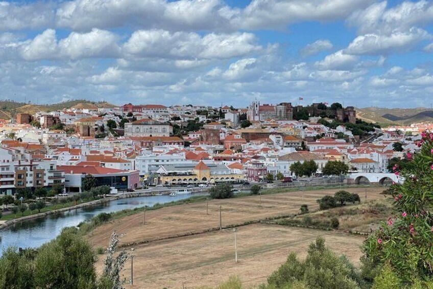 A coastal town with a river, historic buildings, and a hilltop fortress. 2
