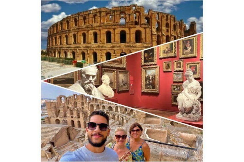 El Coliseo, un anfiteatro romano histórico, con una pared roja y esculturas clásicas en primer plano. 1
