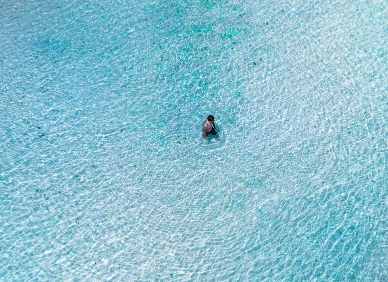 A person swimming in a large body of clear blue water. 3
