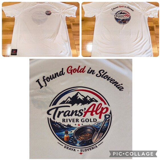 A white T-shirt with a logo and text stating 'I found Gold in Slovenia' and 'Trans'Alp River Gold.' 2