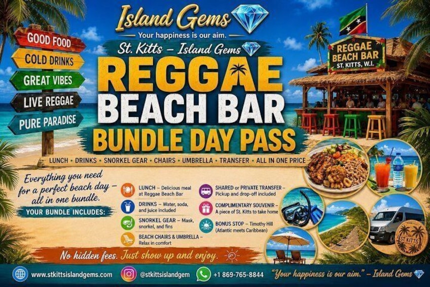 A travel package for a beach bar experience at St. Kitts, including lunch, drinks, snorkel gear, chairs, an umbrella, and transfer services. 1