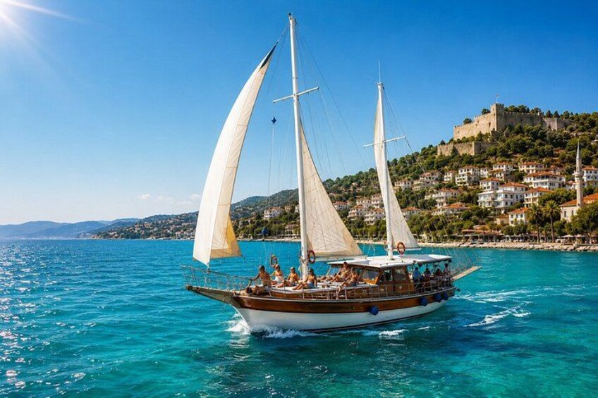 A sailboat with multiple sails on a clear blue sea, a coastal town with buildings and a castle in the background. 1