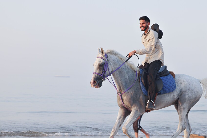 A person riding a white horse with a saddle and bridle on a beach. 2