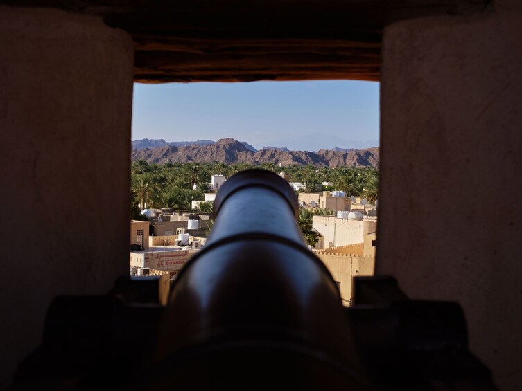 A view through a barrel of a cannon, overlooking a town with buildings and mountains in the distance. 5