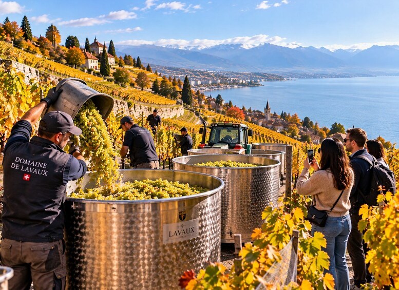 A vineyard with workers harvesting grapes, large metal containers, and a scenic view of a lake and mountains in the background. 1