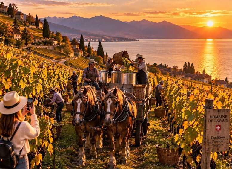 A vineyard with horses pulling a cart, people harvesting grapes, and a sign reading 'DOMAINE DE LAVOUS Tradition Passion Terroir.' 3