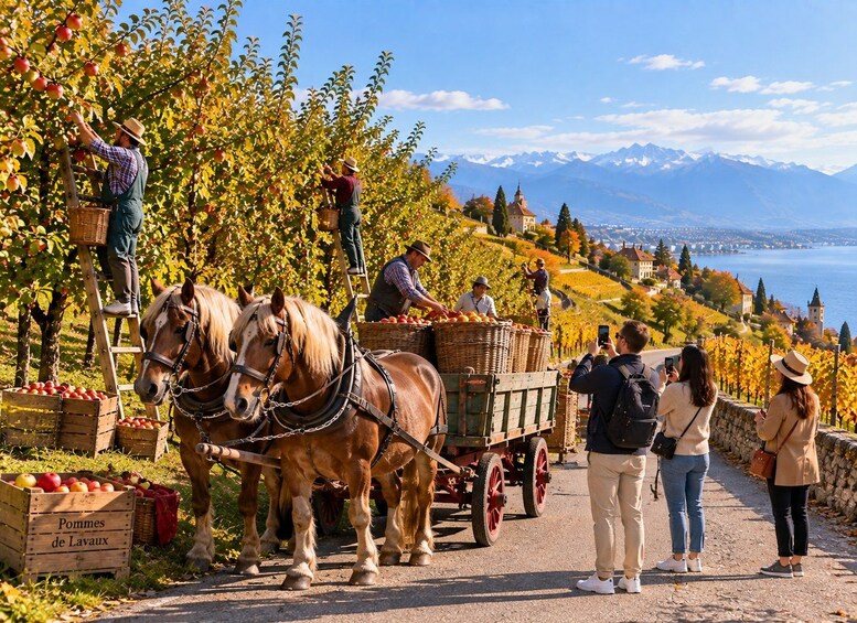 A scenic vineyard with horses pulling a cart, people picking apples, and a lake with mountains in the background. 2