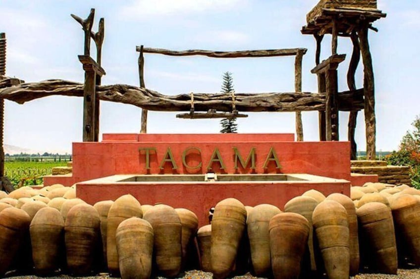 A sign with the word 'TACAMA' surrounded by large, round, beige objects. 1