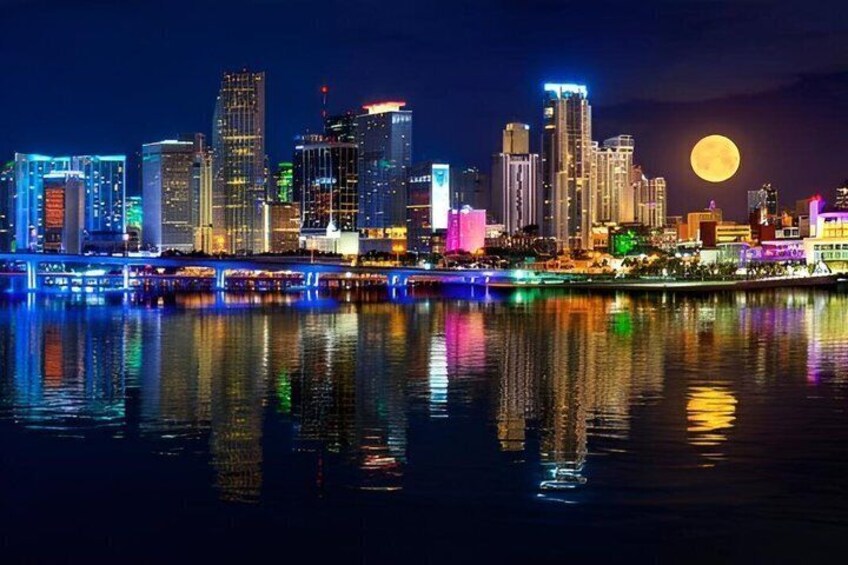A city skyline at night with illuminated buildings reflecting on the water, a full moon in the sky, and a bridge in the foreground. 4