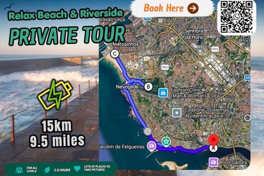 A private tour map of Relax Beach & Riverside, including a 15km route with landmarks like Matosinhos, Nevigela, and Port Sailors. 2