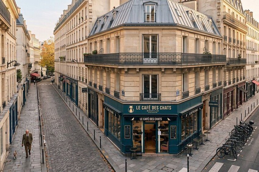 A cobblestone street with a cafe named 'Le Cafe des Chats' on the corner. 4