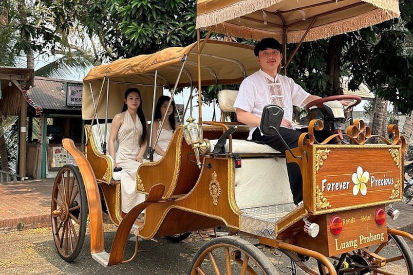 A vintage horse-drawn carriage with two passengers, a sign reading 'Forever Precious,' and a backdrop of a restaurant and trees. 3