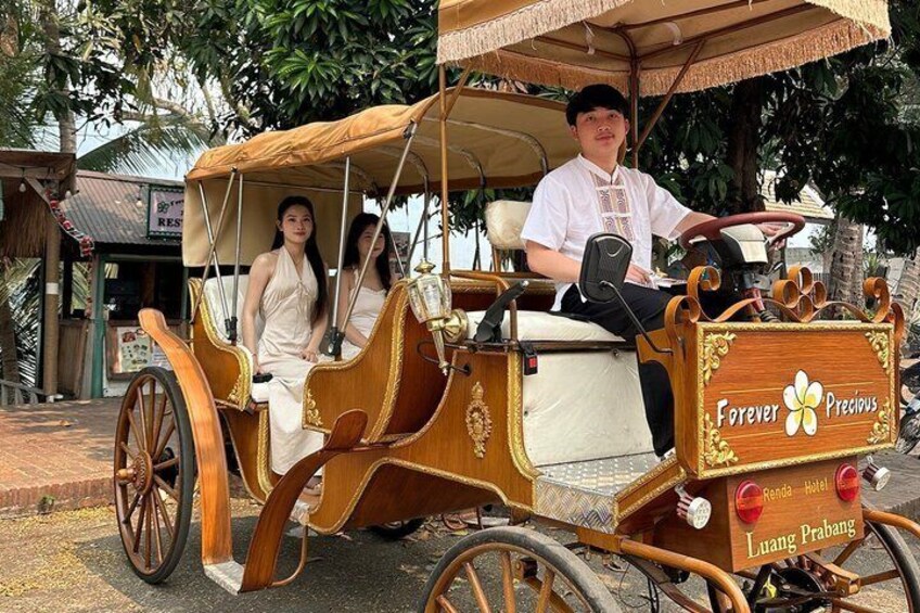 A horse-drawn carriage with a sign that reads 'Forever Precious Luang Prabang.' 3
