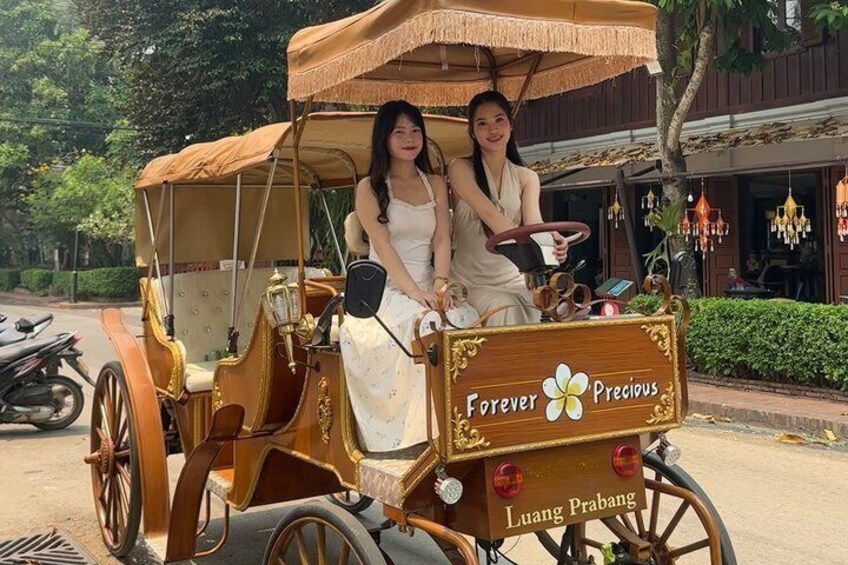 A vintage carriage with two passengers, a sign reading 'Forever Precious,' and 'Luang Prabang' on the side. 2