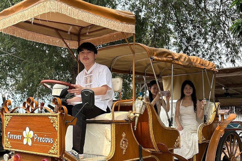A vintage carriage with ornate woodwork and a canopy, driven by a man, with two passengers. 4
