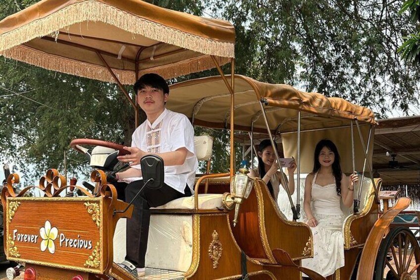 A vintage carriage with ornate wooden detailing and a floral emblem. 4