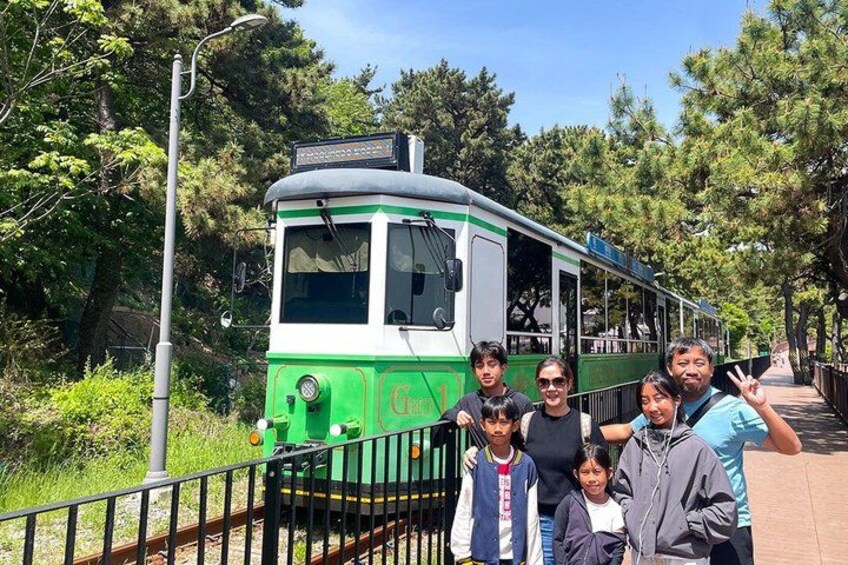 A green and white tram on tracks with passengers. 5
