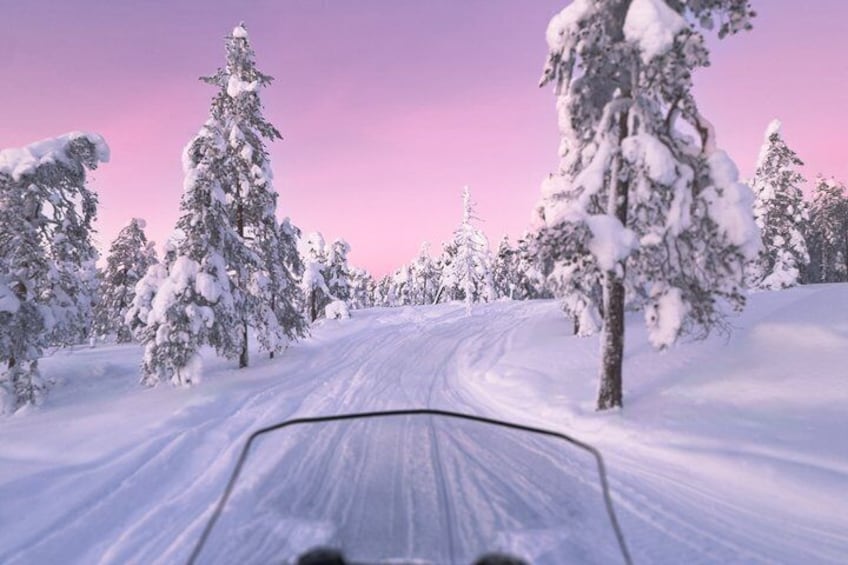 A snowy landscape with a road and snow-covered trees. 5