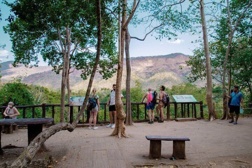 A group of people standing on a wooden platform with a view of a mountainous landscape. 3
