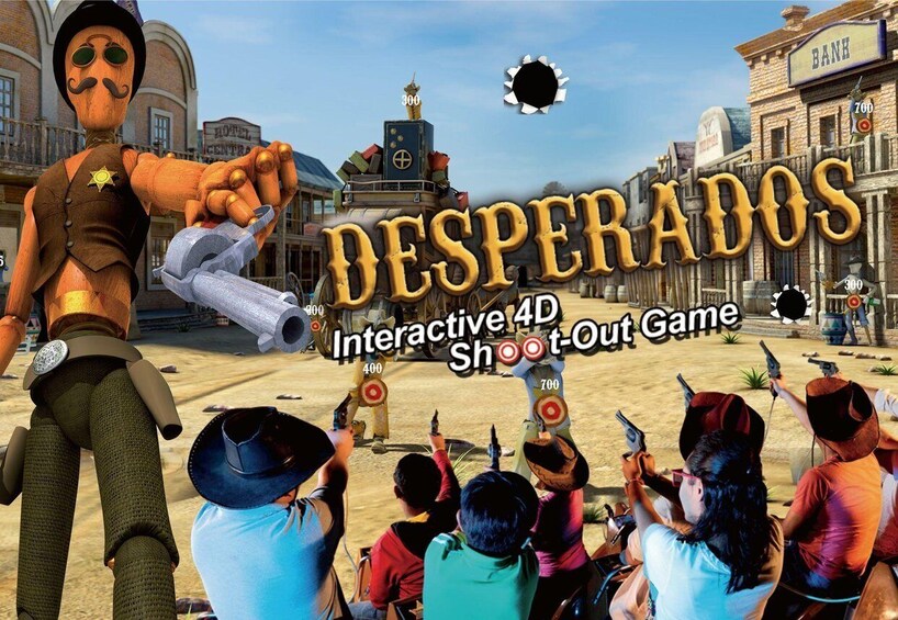 A 3D shoot-out game with characters aiming guns, a bank, and a town square. 2