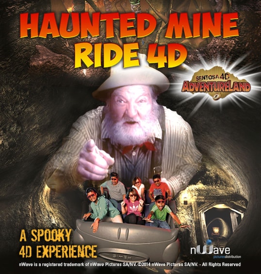 A poster for a haunted mine ride with a 4D experience, featuring a miner and a group of people on a ride. 1