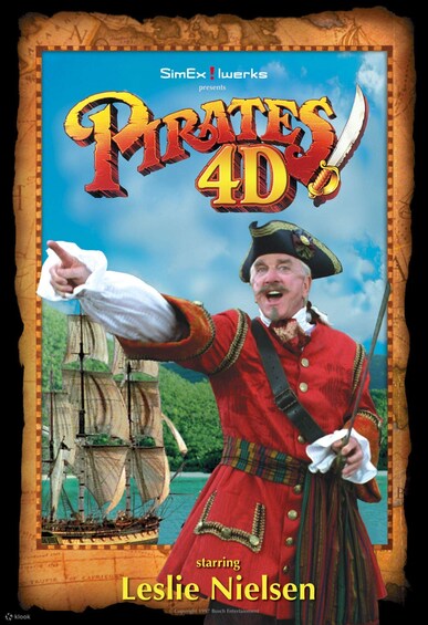 A pirate-themed poster with a pirate pointing and a ship in the background. 3