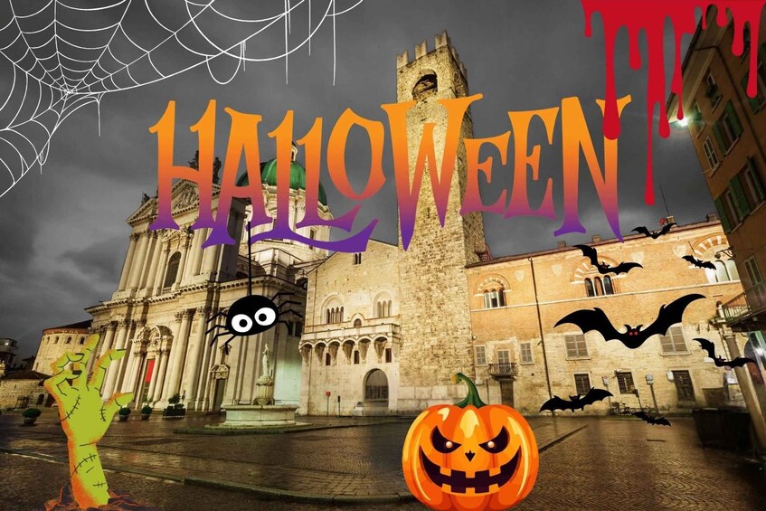 A historic building with gothic architecture, a spider web, a pumpkin, and bats. 1