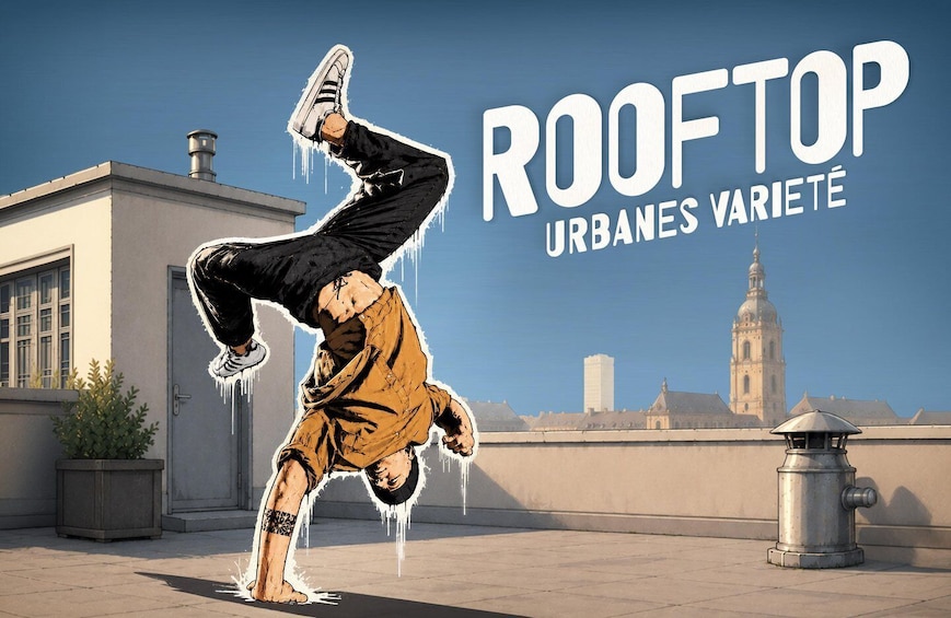 A person performing a rooftop breakdance, with a cityscape and a building in the background. 1