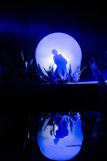 A silhouette of a person against a large illuminated sphere, with reflections in a body of water. 3