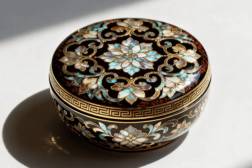 Une boîte ronde et décorative, ornée de motifs floraux complexes et de détails dorés. 1