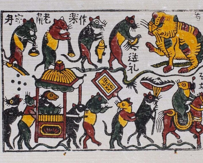 A traditional painting with various animals, including a tiger and several monkeys, depicted in a dynamic scene. 3