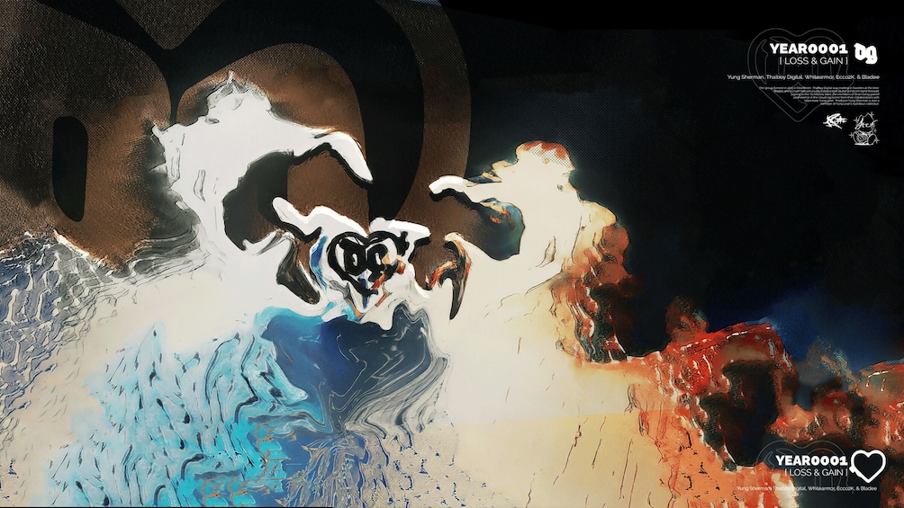 An abstract artwork with a mix of dark and light colors, featuring a prominent circular shape in the center. 3