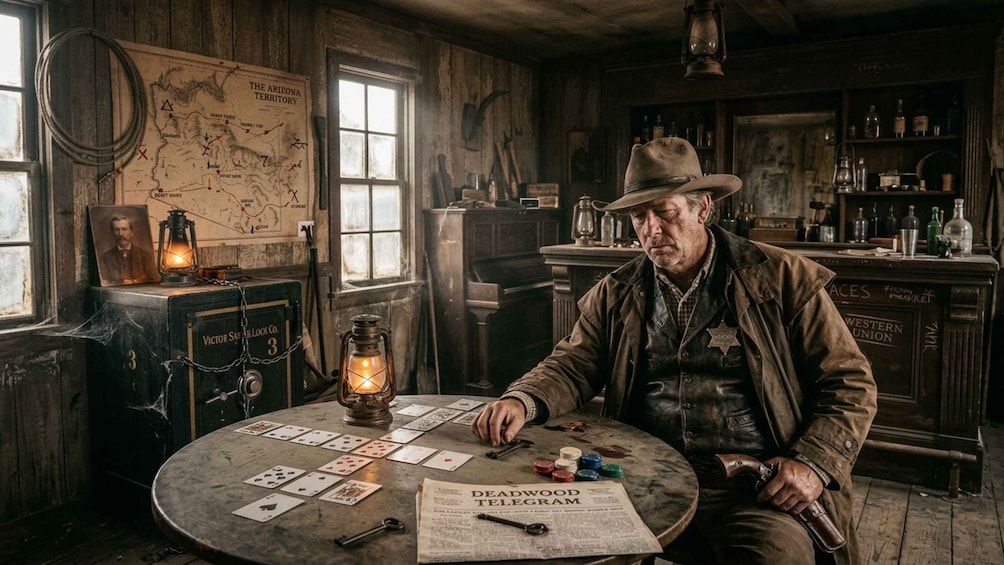 A man playing cards in a rustic room with a map, lanterns, and a bar. 3