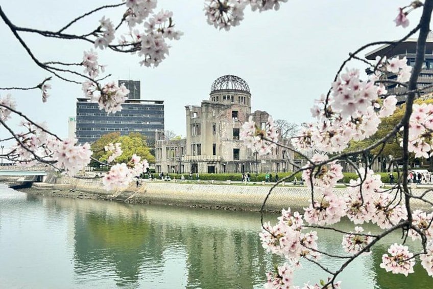 A river with cherry blossoms in the foreground, a historic building with a dome, and modern architecture in the background. 1