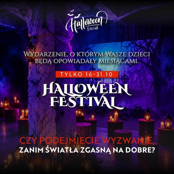 A Halloween festival advertisement with a spooky theme, featuring a tree, candles, and a dark background. 2