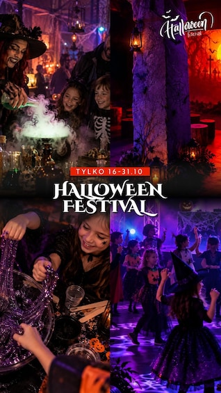 A Halloween festival with people enjoying activities, decorations, and a spooky atmosphere. 1