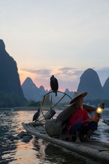 A person on a bamboo raft with birds perched on a net, in a mountainous river setting. 1