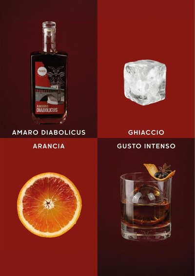 A bottle of Amaro Diabolicus, a glass of whiskey with a garnish, and a slice of orange. 4