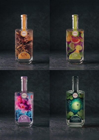 Four bottles of gin with different labels and designs. 5