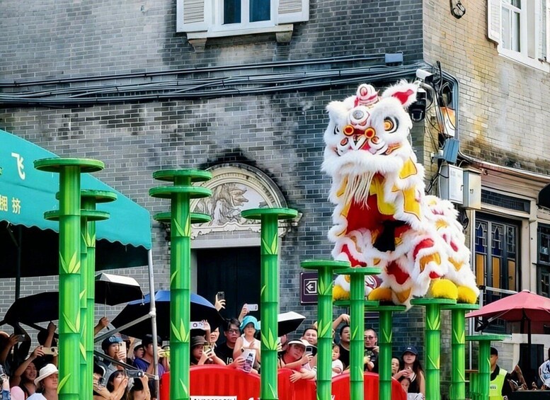 A lion dance performance with a crowd watching. 3